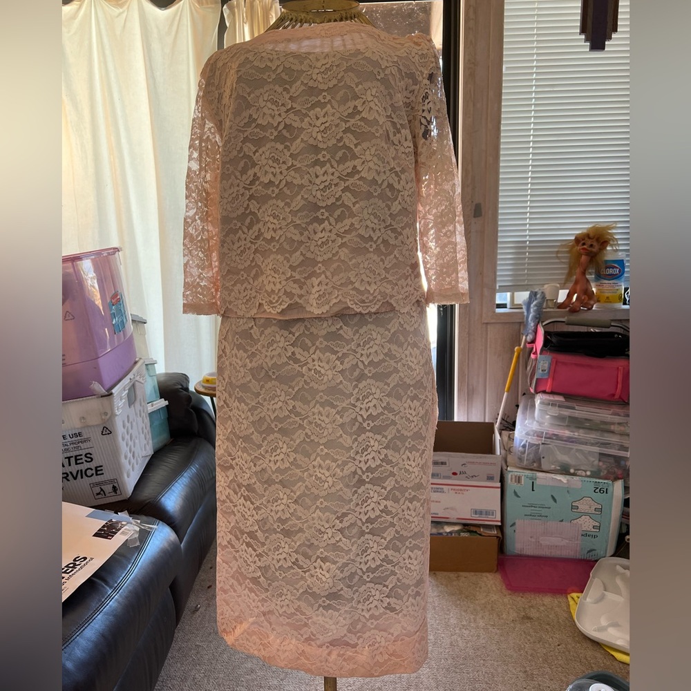 1960s vintage two-piece dress pink lace over satin Sears Roebuck